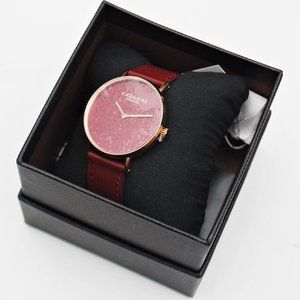 Coach New York Perry Glitter Wine Leather Strap Women Watch 14504079